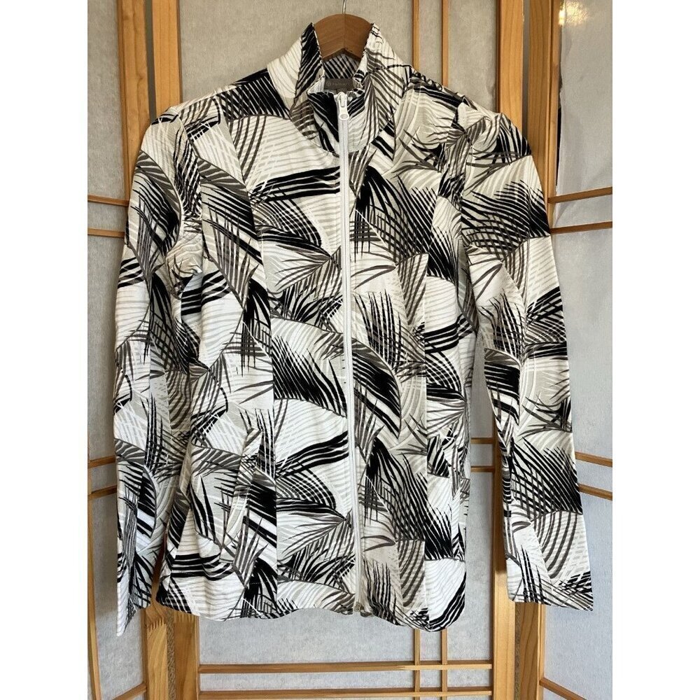 T By Talbots Mockneck Black, white, gray Palm Print Active Zip Jacket XS, UPF 50